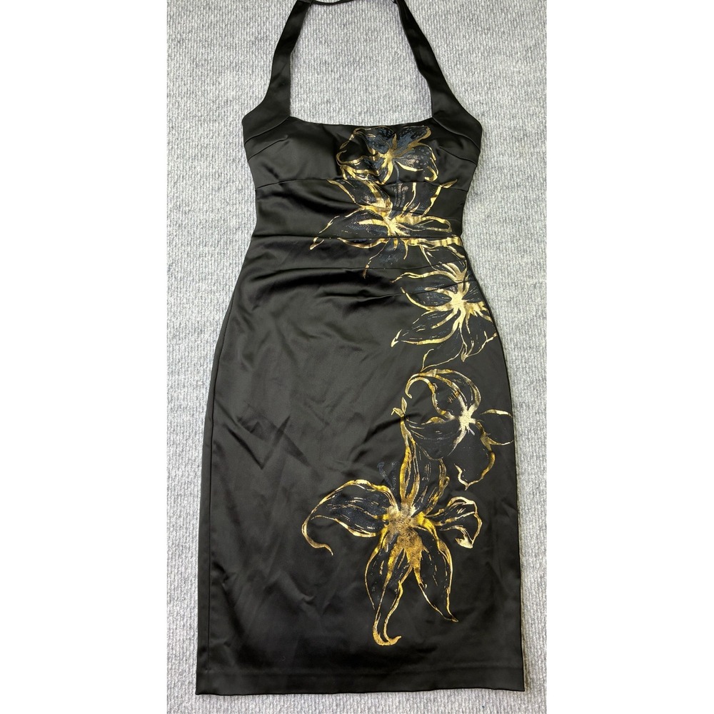 Cache Womens Size 6 Black Gold Floral Satin Halter Dress Y2K Cocktail Party USA
